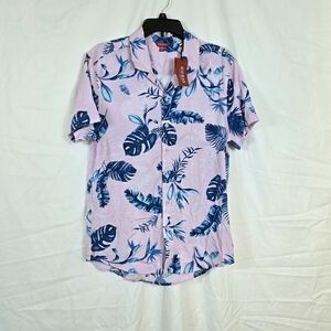 Guess Men's Jaro Pink Blue Palm Leaf‎ Slim-Fit Short Sleeve Hawaiian Shirt M NWT